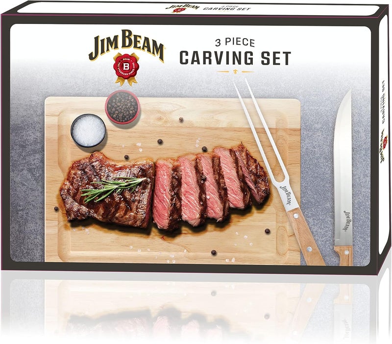 Jim Beam 3-Piece Carving Set, Includes Stainless Steel Knife and Fork with Wood Handles and Wooden Carving Board, Brown - Image 2